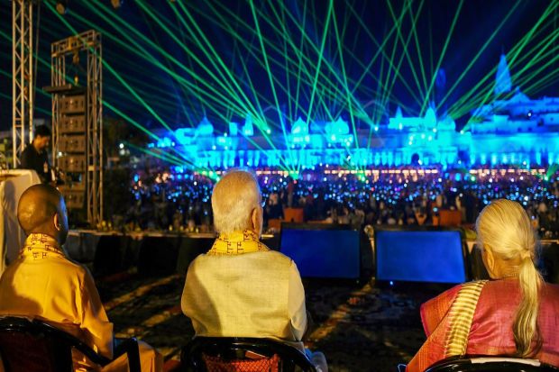 Prime Minister Narendra Modi with Uttar Pradesh Governor Anandiben Patel, Chief Minister Yogi Adityanath and others during Deepotsav celebrations, on the eve of the Diwali in Ayodhya.