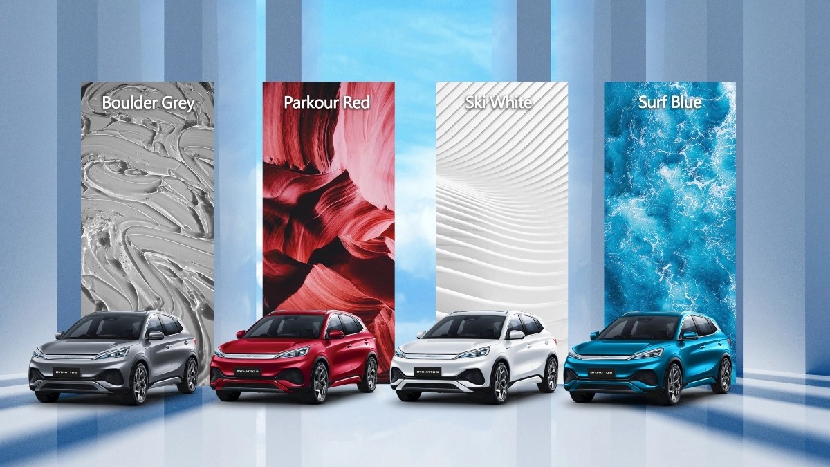 The all-new BYD Atto 3 is one good-looking electric SUV. It will be offered in India in four different colour schemes. They are: Parkour Red, Surf Blue, Ski White and Boulder Grey.