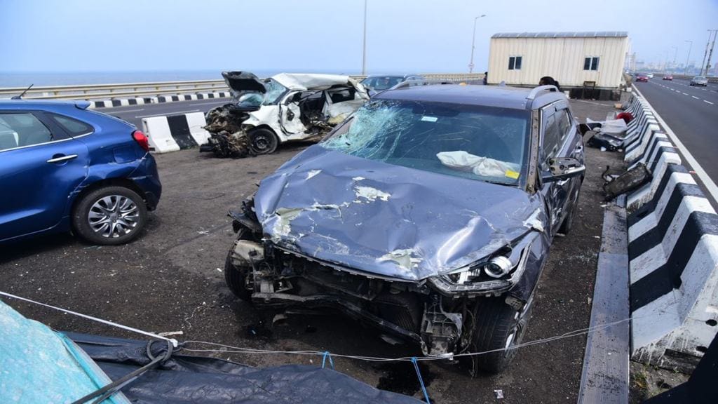 Wreckage of a car after a collision between four cars and an ambulance on the Bandra Worli Sea Link, in Mumbai, Wednesday, October 5. (PTI Photo)