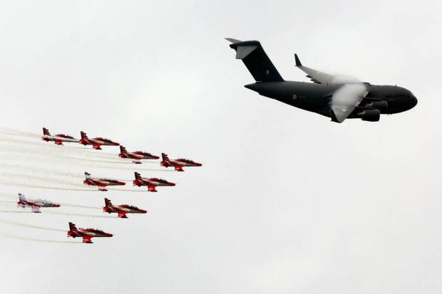 C-17 heavy-lift aircraft and nine Hawk- 132 performed the globe formation. (Photo: IAF)