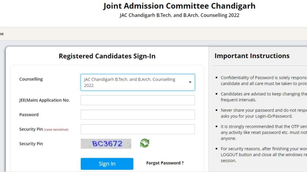 JAC Chandigarh B.Tech. and B.Arch. Counselling 2022