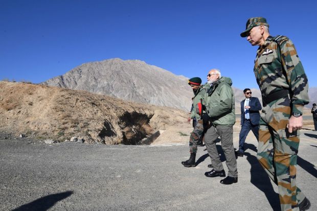Prime Minister Narendra Modi arrives to celebrate Diwali festival with Indian Army personnel, in Kargil.