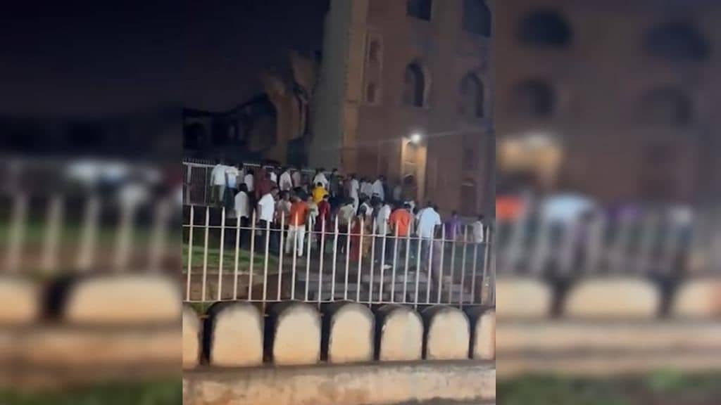The crowd chanted "Jai Shri Ram", "Hindu Dharma Jai" slogans, on the steps of the madrassa, before moving to the corner of the building to perform pooja. (Photo: Screengrab/Asaduddin Owaisi Twitter)