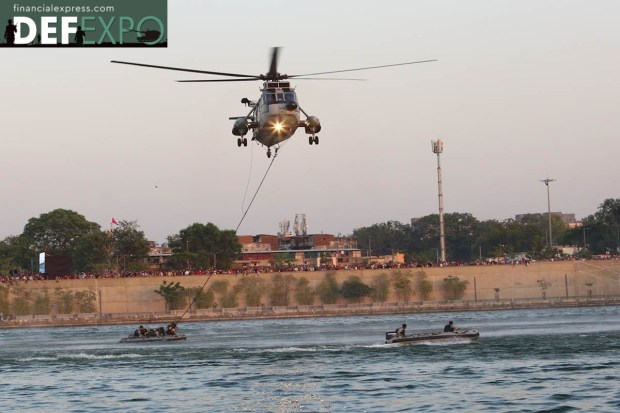A daring display by the elite Marine Commandos (Marcos) of Indian Navy and Para (SF) Commandos of Indian Army skillfully slithering onto a boat from a helicopter, high speed run by Gemini boat and neutralisation of enemy post. (Photo: Ministry of Defence)
