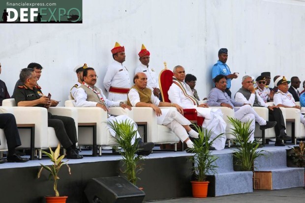 Defence Minister Rajnath Singh, Gujarat Governor Acharya Devvrat, MoS Ajay Bhatt and Chief of Defence Staff General Anil Chauhan. (Photo: Ministry of Defence)