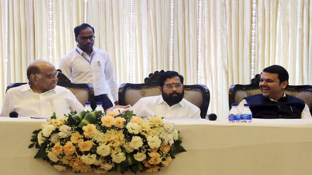 Sharad Pawar, Eknath Shinde and deputy CM Devendra Fadnavis during a dinner meeting in Mumbai, on Wednesday. (PTI Photo) Sharad Pawar, Eknath Shinde and deputy CM Devendra Fadnavis during a dinner meeting in Mumbai, on Wednesday. (PTI Photo)