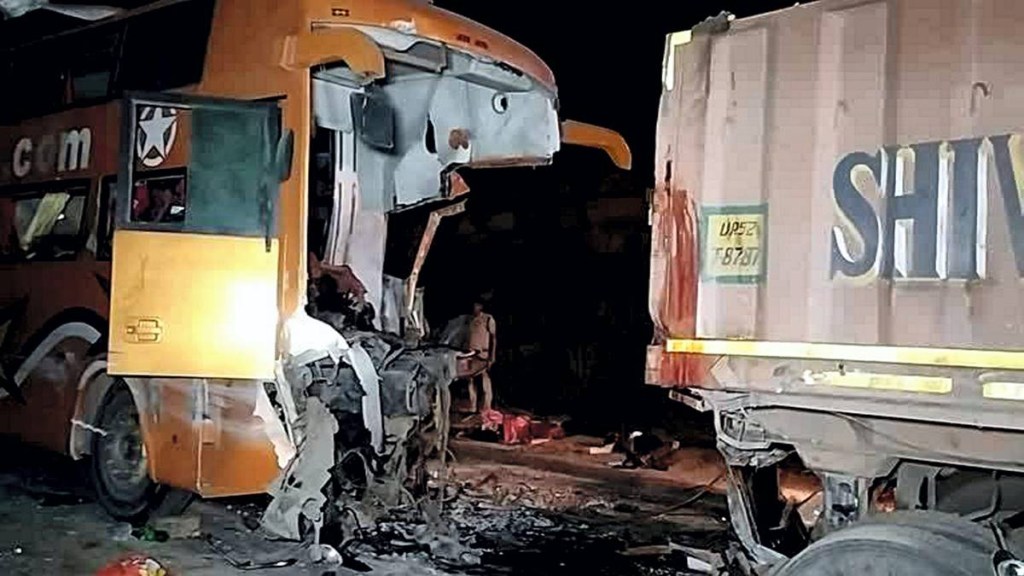 Wreckage of a bus after it collided with a stationary truck, in Rewa district of Madhya Pradesh, on Friday, Oct. 21, 2022. (PTI Photo)
Wreckage of a bus after it collided with a stationary truck, in Rewa district of Madhya Pradesh, on Friday, Oct. 21, 2022. (PTI Photo)