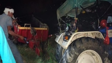 A tractor-trolley overturned and fell into a pond near a village in Kanpur district, Saturday night. (PTI Photo) A tractor-trolley overturned and fell into a pond near a village in Kanpur district, Saturday night. (PTI Photo)