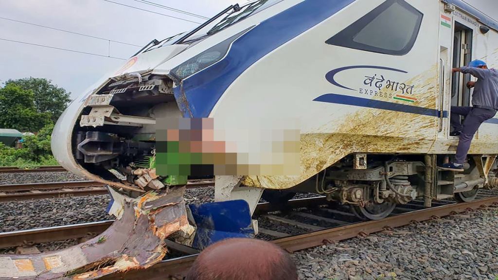 Vande Bharat Express train, running between Mumbai Central and Gandhinagar, suffers damages after a collision with a herd of buffaloes in Ahmedabad district on Thursday. (PTI Photo)