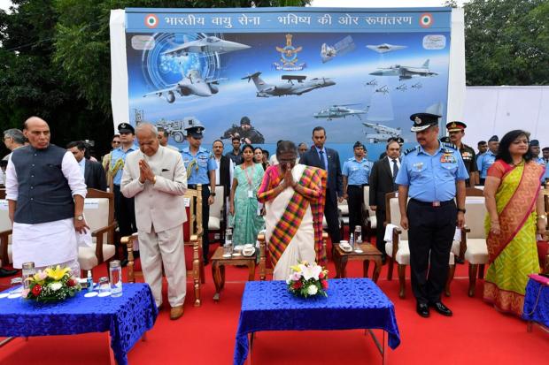 President of India Droupadi Murmu, Defence Minister Rajnath Singh, Air Chief Marshal V. R.Chaudhari and other dignitaries watching Air Display organized to commemorate Air Force Day in Chandigarh on 08 th October, 2022. (Photo: President of India)