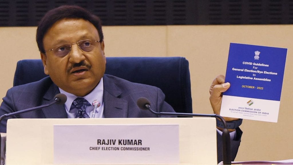 Chief Election Commissioner Rajiv Kumar during the press conference on Himachal Vidhan Sabha Election announcement in New Delhi. (Express photo by Prem Nath Pandey/File)
