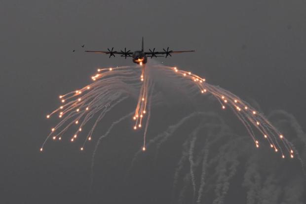 C 130 J super Hercules dispensing flares, during hostilities these flares are used to deceive heat seeking missilesof the enemy. (Photo: IAF)