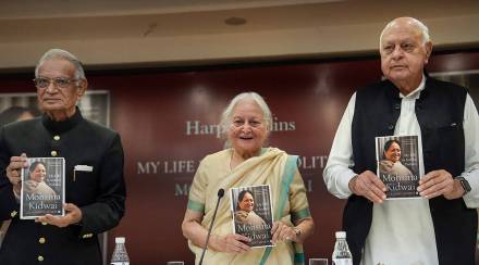 Former Lok Sabha speaker Shivraj Patil (left), Jammu & Kashmir National Conference Farooq Abdullah (right) and Congress leader Mohsina Kidwai during the launch of book titled 'Mohsina Kidwai- My Life In Indian Politics', in New Delhi (PTI) Former Lok Sabha speaker Shivraj Patil (left), Jammu & Kashmir National Conference Farooq Abdullah (right) and Congress leader Mohsina Kidwai during the launch of book titled 'Mohsina Kidwai- My Life In Indian Politics', in New Delhi (PTI)