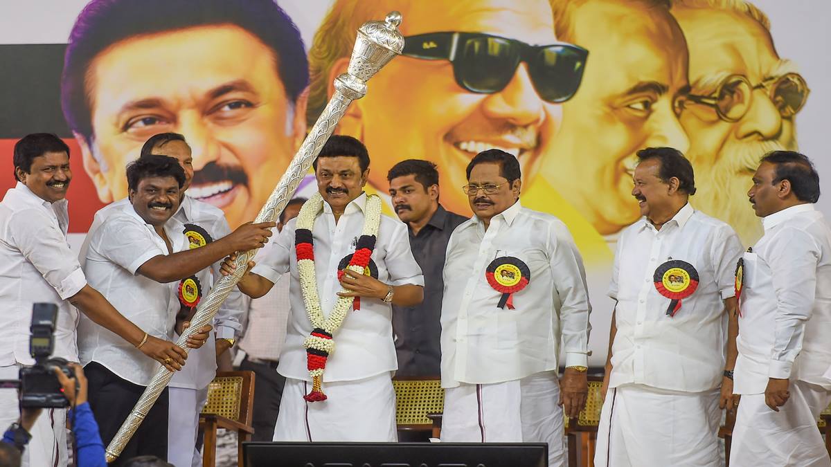 DMK President MK Stalin being greeted by party workers at the party's General Council Meeting, in Chennai, on Sunday. (PTI Photo/R Senthil Kumar)
