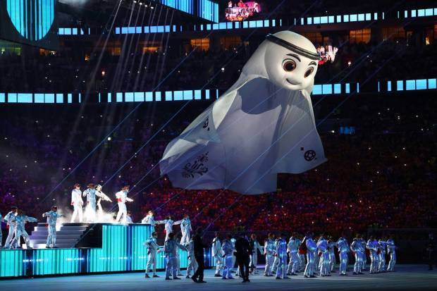 General view of the official mascot La'eeb during the opening ceremony. (Reuters Photo)