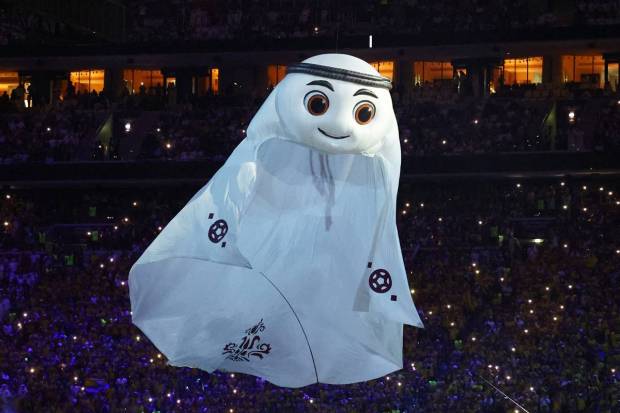 General view of the official mascot La'eeb during the opening ceremony. (Reuters Photo)