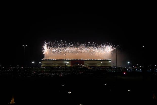 General view outside the stadium with fireworks before the match. (Reuters Photo)