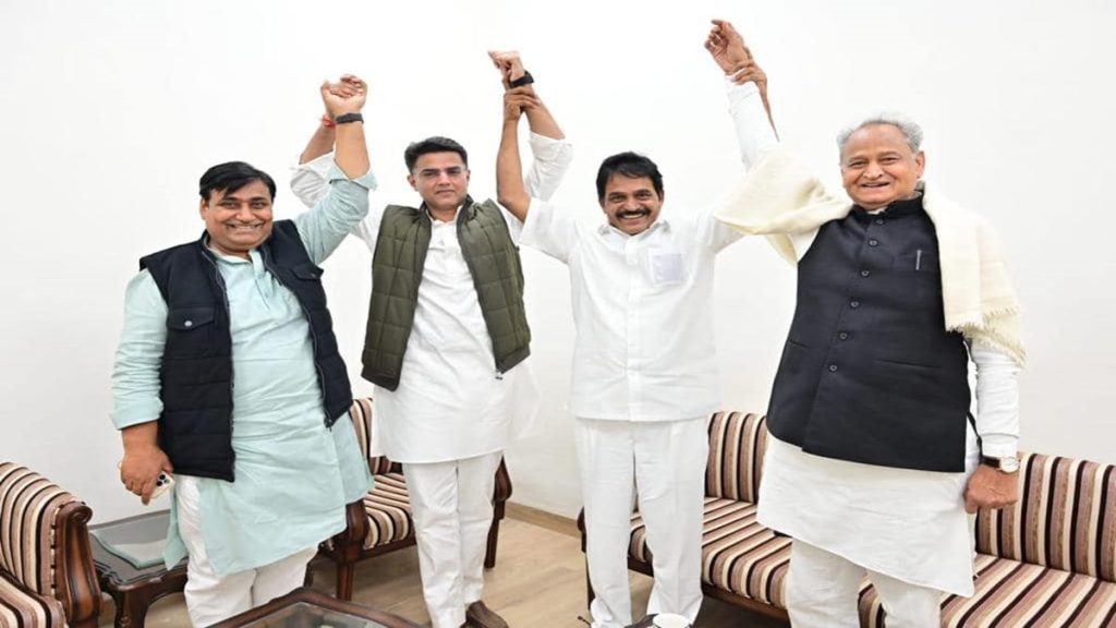 "This is the Rajasthan Congress," declared Venugopal as he held up the hands of both leaders at the press conference, a bid to show that everything was alright between the two leaders. (Photo: Facebook/KC Venugopal)
 "This is the Rajasthan Congress," declared Venugopal as he held up the hands of both leaders at the press conference, a bid to show that everything was alright between the two leaders. (Photo: Facebook/KC Venugopal)