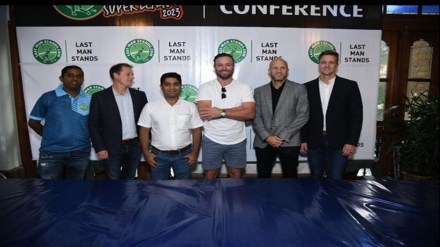 AB de Villiers (centre) is the brand ambassador of the first edition of The Last Man Stands (LMS) India Super League 2023 (ANI Image)