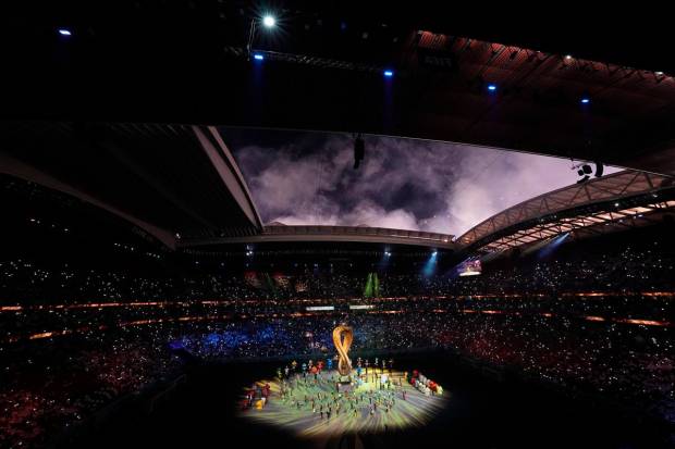Actors perform during the opening ceremony before the World Cup, group A soccer match between Qatar and Ecuador at the Al Bayt Stadium in Al Khor, Qatar. (AP Photo)