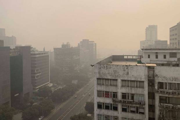 A bird flies with the horizon enveloped by smog and haze in New Delhi. (AP Photo)