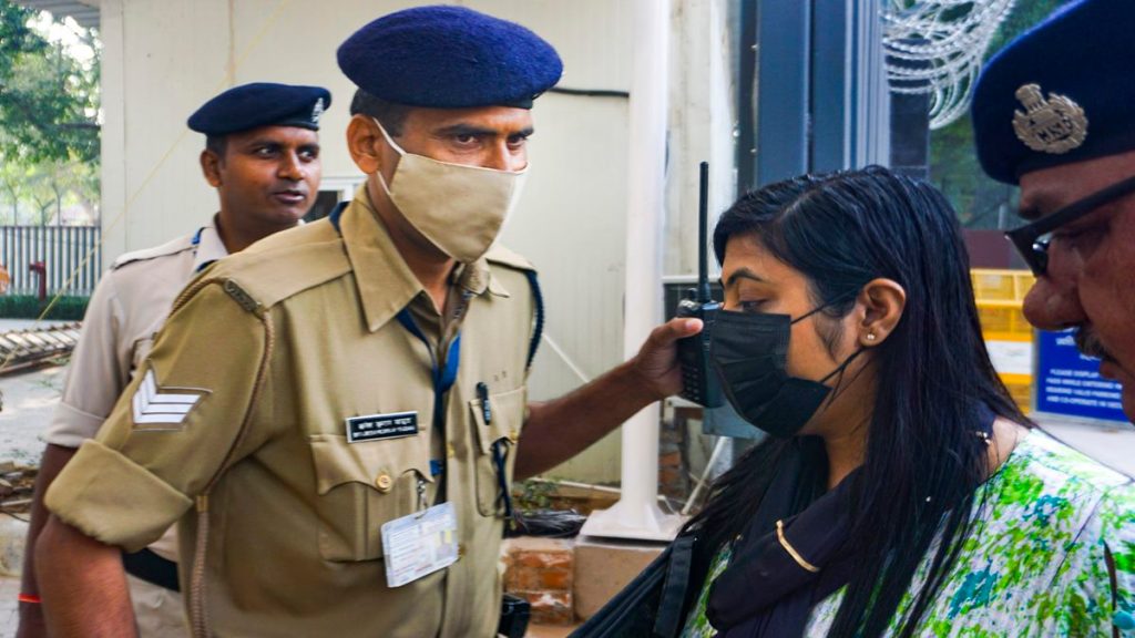 Sukanya Mondal outside the Enforcement Directorate (ED) office after being summoned for questioning in connection with the cattle smuggling case, in New Delhi, on Wednesday, Nov. 2, 2022. (PTI Photo)
