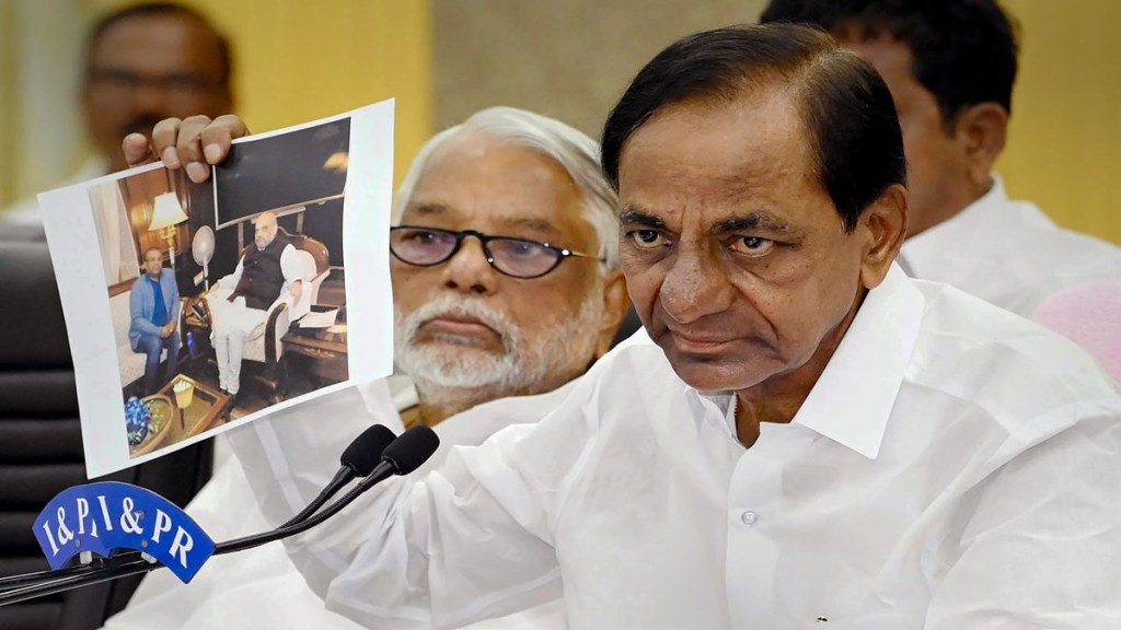 Telangana CM K. Chandrashekar Rao addresses the media from Pragathi Bhavan in Hyderabad, Thursday, November 3, 2022. (PTI Photo) Telangana CM K. Chandrashekar Rao addresses the media from Pragathi Bhavan in Hyderabad, Thursday, November 3, 2022. (PTI Photo)