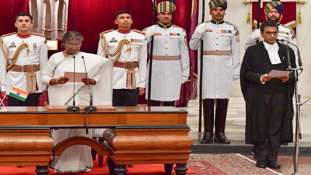 President Draupadi Murmu administers oath to Dhananjaya Y Chandrachud as the 50th Chief Justice of India (CJI), at Rashtrapati Bhawan in New Delhi, Wednesday, November 9, 2022. (PTI Photo)
President Draupadi Murmu administers oath to Dhananjaya Y Chandrachud as the 50th Chief Justice of India (CJI), at Rashtrapati Bhawan in New Delhi, Wednesday, November 9, 2022. (PTI Photo)