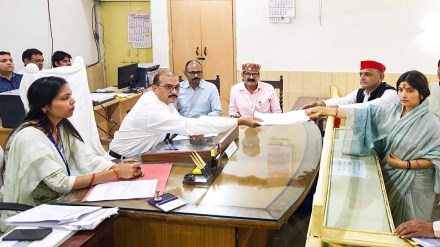 Samajwadi Party (SP) leader Dimple Yadav with her husband and SP President Akhilesh Yadav files nomination for the Mainpuri parliamentary constituency by-elections, in Mainpuri, Monday, Nov. 14, 2022. (PTI Photo)