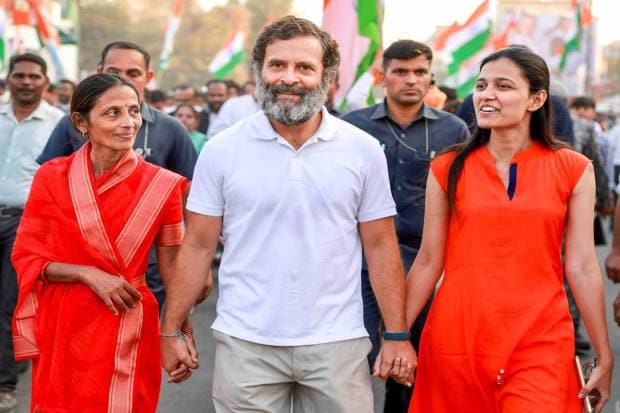 Congress leader Rahul Gandhi with supporters during the party's 'Bharat Jodo Yatra', in Burhanpur district. (PTI Photo)(PTI11_23_2022_000235A)