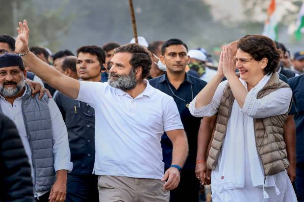 Congress leader Rahul Gandhi with his sister and the partys general secretary Priyanka Gandhi Vadra during the Bharat Jodo Yatra in Khandwa, Madhya Pradesh. (PTI Photo) (PTI11_24_2022_000033A)