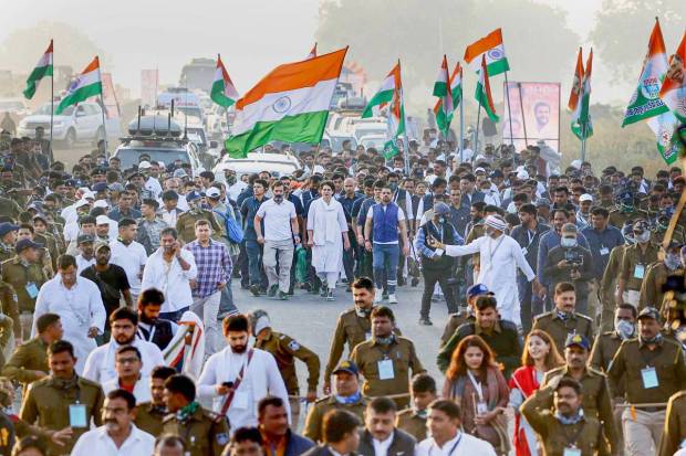 Congress leader Rahul Gandhi with his sister and party's general secretary Priyanka Gandhi Vadra, her husband Robert Vadra and other leaders during the Bharat Jodo Yatra in Khandwa, Madhya Pradesh. (PTI Photo)