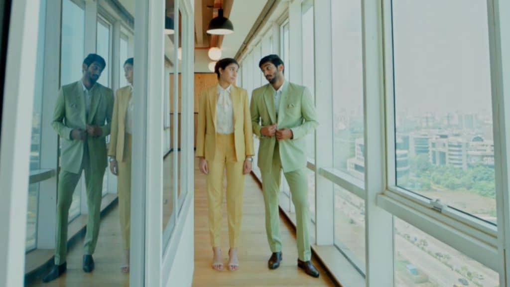 The campaign film opens with two office-goers and highlights its new fabric.