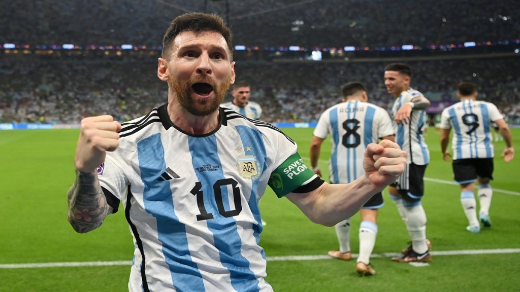 Messi, who equalled Diego Maradona's Argentina record of 21 matches and eight goals at the World Cup, was nowhere to be seen for more than an hour before picking up an Angel Di Maria pass, finding just enough space and rifling in from 20 metres. (Photo: Twitter/FIFA) Messi, who equalled Diego Maradona's Argentina record of 21 matches and eight goals at the World Cup, was nowhere to be seen for more than an hour before picking up an Angel Di Maria pass, finding just enough space and rifling in from 20 metres. (Photo: Twitter/FIFA)