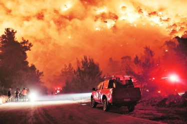 Flames rise as firefighters and volunteers try to extinguish a fire burning in the village of Schinos, near Corinth, Greece, May 19, 2021. REUTERS/Vassilis Psomas