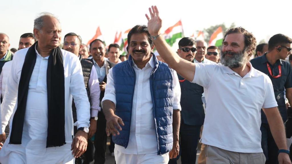 Gandhi, along with Venugopal, former Rajasthan deputy chief minister Sachin Pilot and other senior leaders of the party began the morning leg of the yatra from the Meena High Court in Dausa, Rajasthan. (Photo: Twitter/@kcvenugopalmp)
