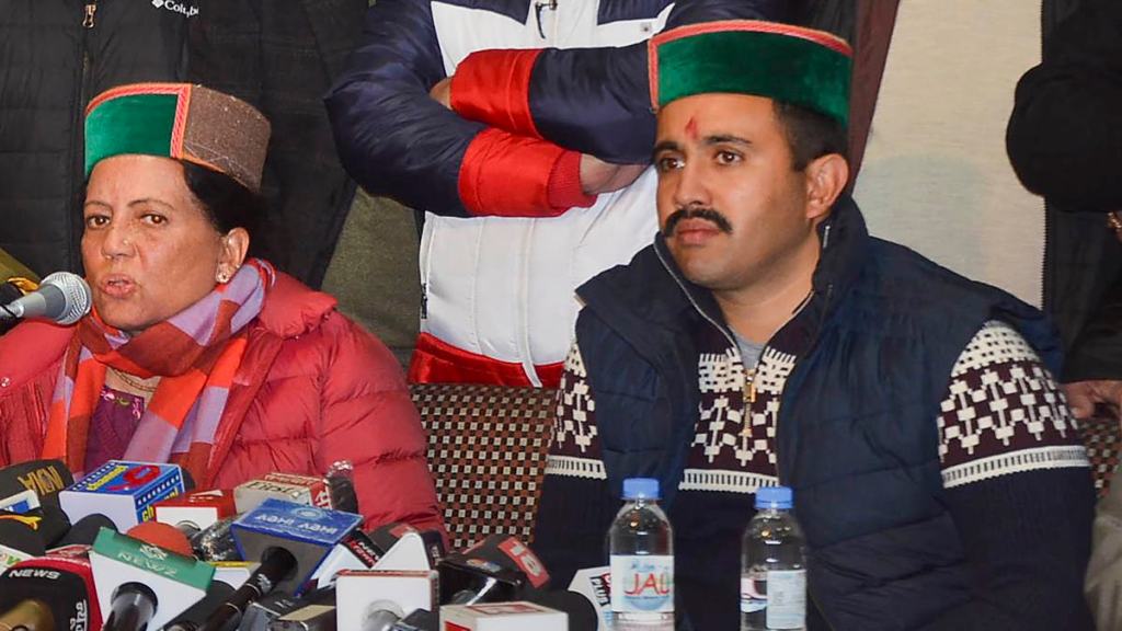 Himachal Pradesh Congress President Pratibha Singh adresses a press conference after the party's victory in State Assembly elections, in Shimla, Thursday, Dec. 8, 2022. Shimla (Rural) MLA Vikramaditya Singh also seen. (PTI Photo)
