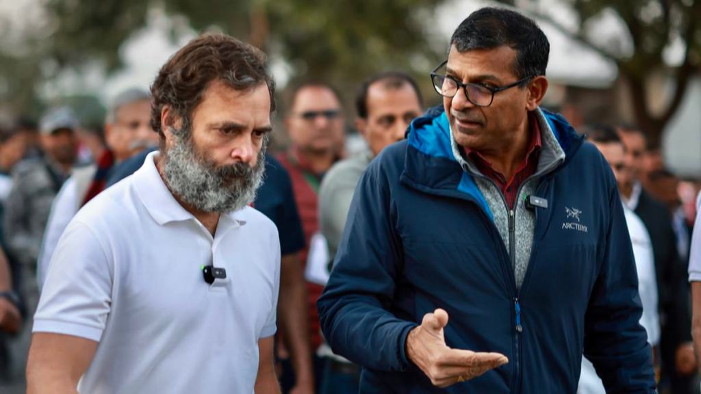 Congress leader Rahul Gandhi with former RBI governor Raghuram Rajan during the party's Bharat Jodo Yatra, in Sawai Madhopur district, Wednesday, Dec. 14, 2022. (PTI Photo)
Congress leader Rahul Gandhi with former RBI governor Raghuram Rajan during the party's Bharat Jodo Yatra, in Sawai Madhopur district, Wednesday, Dec. 14, 2022. (PTI Photo)
