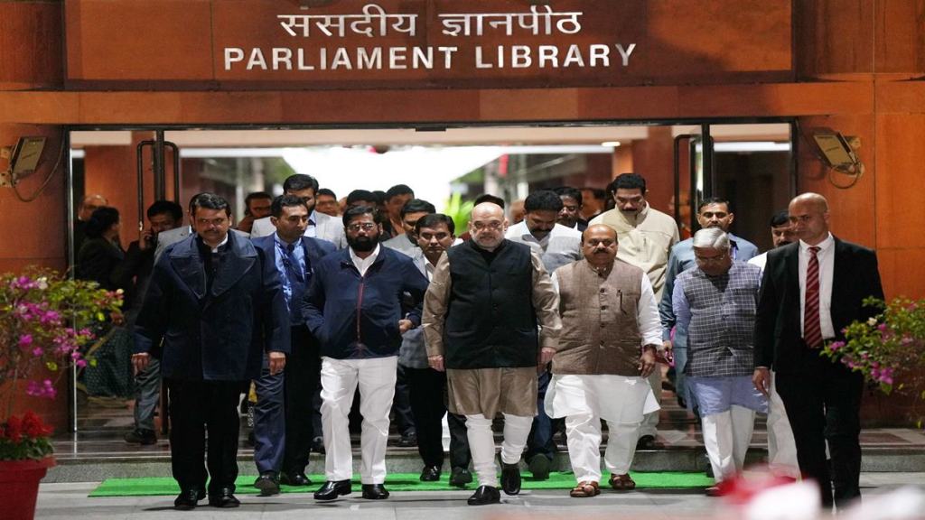 Union Home Minister Amit Shah with Karnataka Chief Minister Basavaraj Bommai, state Home Minister Araga Jnanendra, Maharashtra Chief Minister Eknath Shinde and the state Deputy Chief Minister Devendra Fadnavis after meeting over the state border dispute, at Parliament Library, in New Delhi, Wednesday, Dec. 14, 2022. (PTI Photo)
