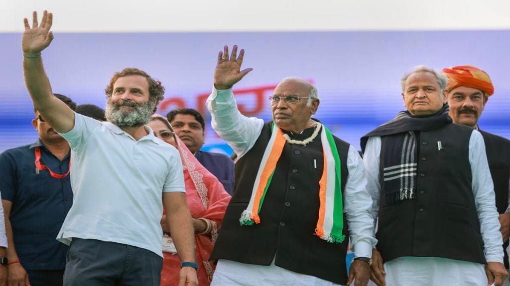 Congress leader Rahul Gandhi with party President Mallikarjun Kharge and Rajasthan CM Ashok Gehlot at a public meeting during the Bharat Jodo Yatra, in Alwar, Monday, Dec. 19, 2022. (PTI Photo)