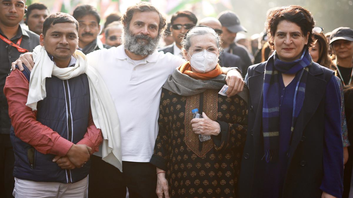 Congress leader Rahul Gandhi with his mother and party leader Sonia Gandhi and his sister and General Secretary Priyanka Gandhi Vadra during the Bharat Jodo Yatra, in New Delhi, Saturday, Dec. 24, 2022. (PTI Photo)
