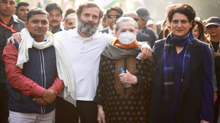 Congress leader Rahul Gandhi with his mother and party leader Sonia Gandhi and his sister and General Secretary Priyanka Gandhi Vadra during the Bharat Jodo Yatra, in New Delhi, Saturday, Dec. 24, 2022. (PTI Photo)
