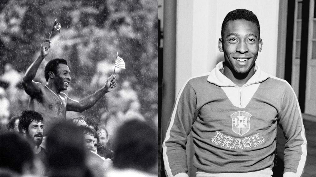 Soccer superstar Pele, waving the flags of Brazil and the U.S., is carried off the field in driving rain by players of both teams at Giants Stadium in East Rutherford, N.J., after his final game, Oct. 1, 1977 (Left); Pele wears his national team's jersey in Rio de Janeiro, Brazil, May 25, 1962. (File photos) Soccer superstar Pele, waving the flags of Brazil and the U.S., is carried off the field in driving rain by players of both teams at Giants Stadium in East Rutherford, N.J., after his final game, Oct. 1, 1977 (Left); Pele wears his national team's jersey in Rio de Janeiro, Brazil, May 25, 1962. (File photos)
