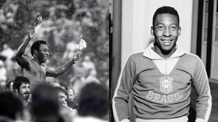 Soccer superstar Pele, waving the flags of Brazil and the U.S., is carried off the field in driving rain by players of both teams at Giants Stadium in East Rutherford, N.J., after his final game, Oct. 1, 1977 (Left); Pele wears his national team's jersey in Rio de Janeiro, Brazil, May 25, 1962. (File photos)