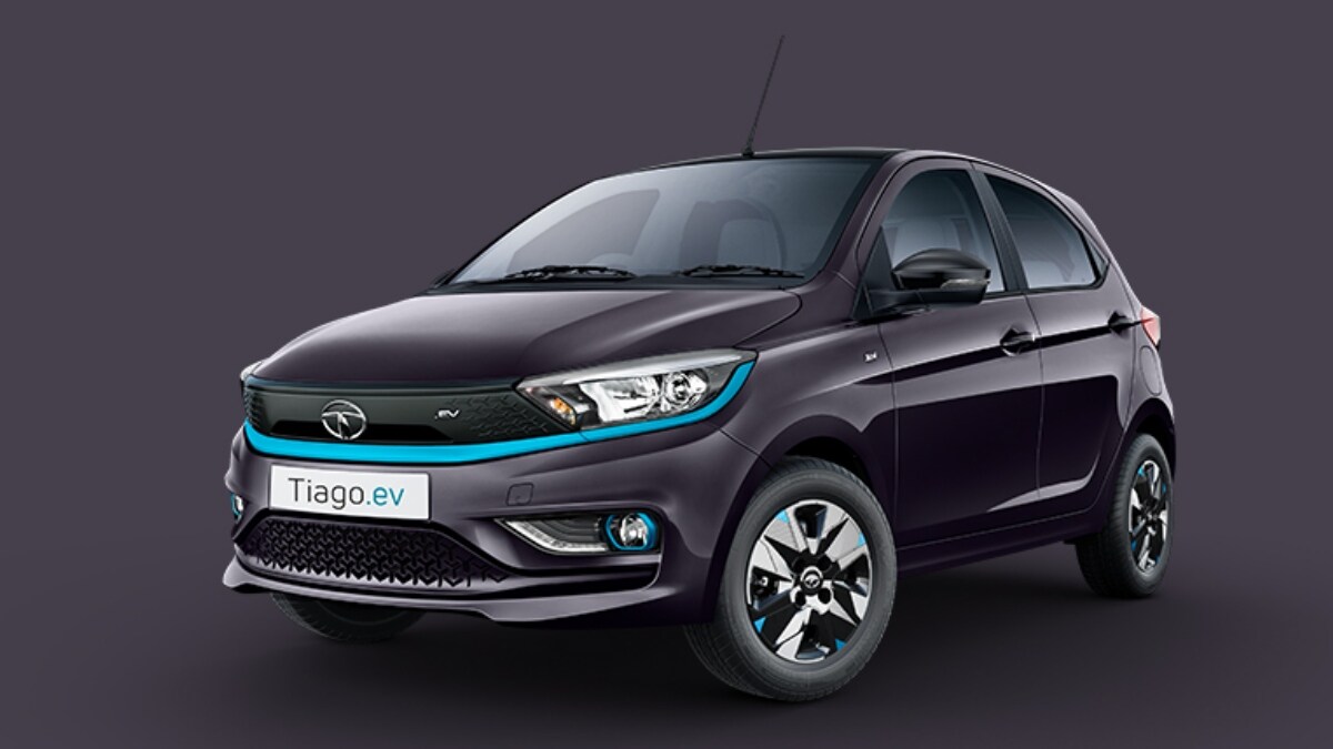 This is the Midnight Plum colour variant of the new Tiago EV.