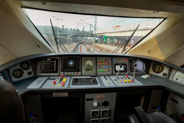 Inside view of the pilot's cabin in Vande Bharat Express train upon its arrival at Howrah railway station in Kolkata, Tuesday, Dec. 27, 2022