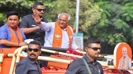 Gujarat CM Bhupendra Patel held a roadshow in Ghatlodiya constituency on last day of Gujarat state election campaign. (Express photo | File)
