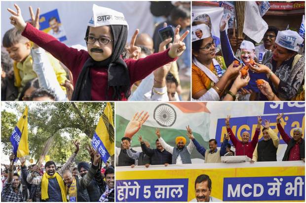 MCD Election Results 2022: The Aam Aadmi Party won the MCD polls with 134 seats, ending the 15-year rule of the BJP in the prestigious municipal corporation and reducing the Congress to just nine seats in a house of 250. Let us take a look at some of the images from the celebrations: