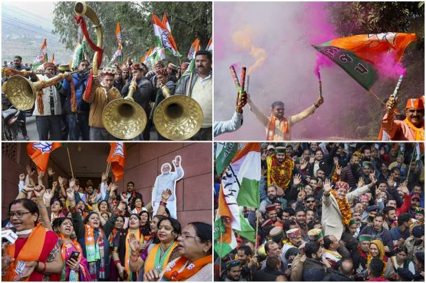 Assembly Election Results 2022 Photos: Heading for a two-thirds majority, the BJP poised to retain power in Gujarat for a record seventh straight term but was set to be dethroned by the Congress in Himachal Pradesh where the hill state could follow its long history of an incumbent government being voted out. Let us take a look at some of the images from the celebrations: