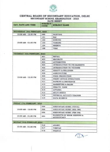 CBSE Class 10th Datesheet 2023